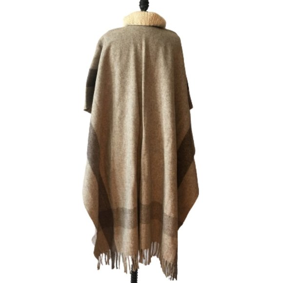 NEW Vintage Wool Blanket Cape Cable Knit Collar Handmade Fringed Long Americana - Picture 5 of 16